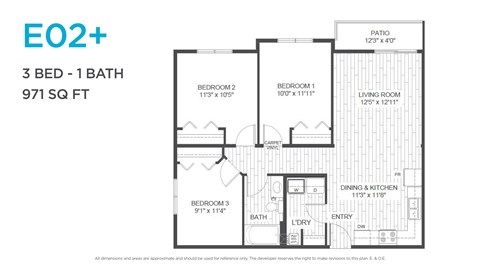 Floor plan for 3 beds, 1 bath, 971 sqft